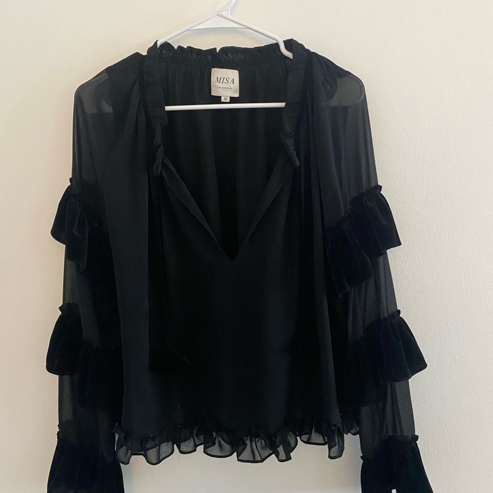 MISA Los Angeles Black Sheer Ruffle Top